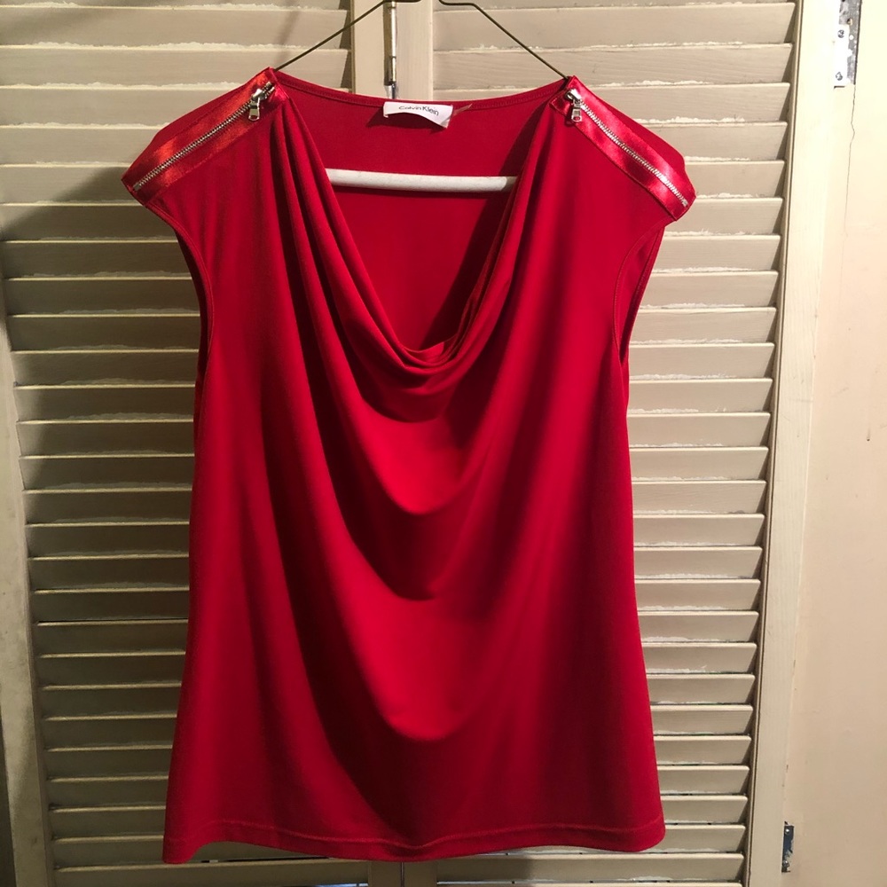 Red sleeveless cowl-neck blouse with zipper detail